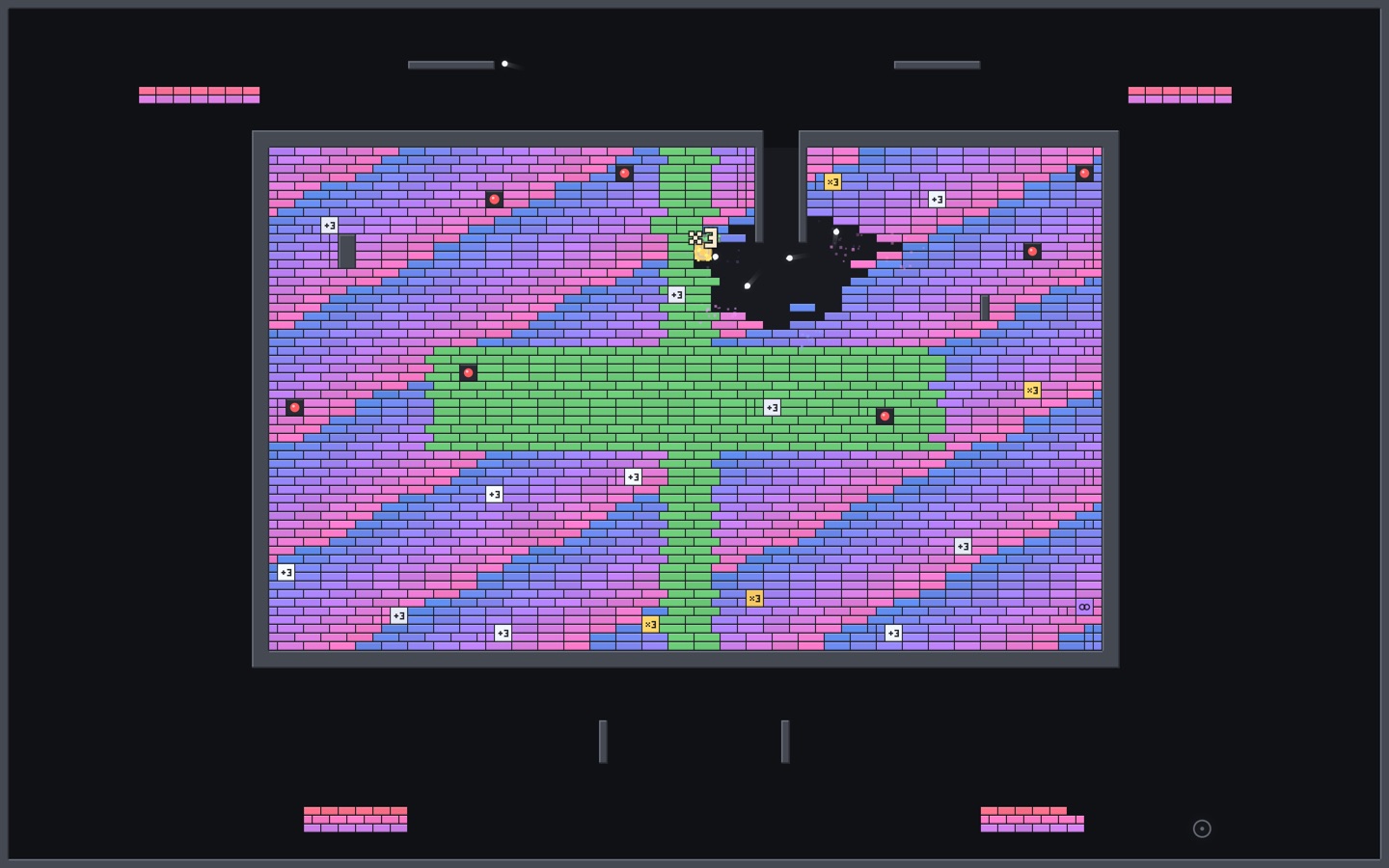 It clips a +3, then a ×3, and every ball in the chamber splits in three. The wall starts to give.