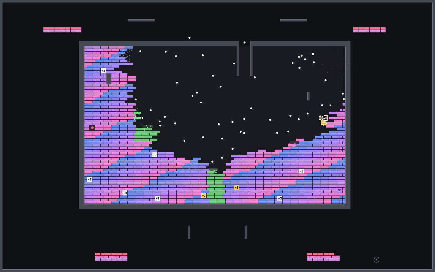 Within seconds a swarm of balls tears the chamber apart in a storm of particles. Then a new level builds in.