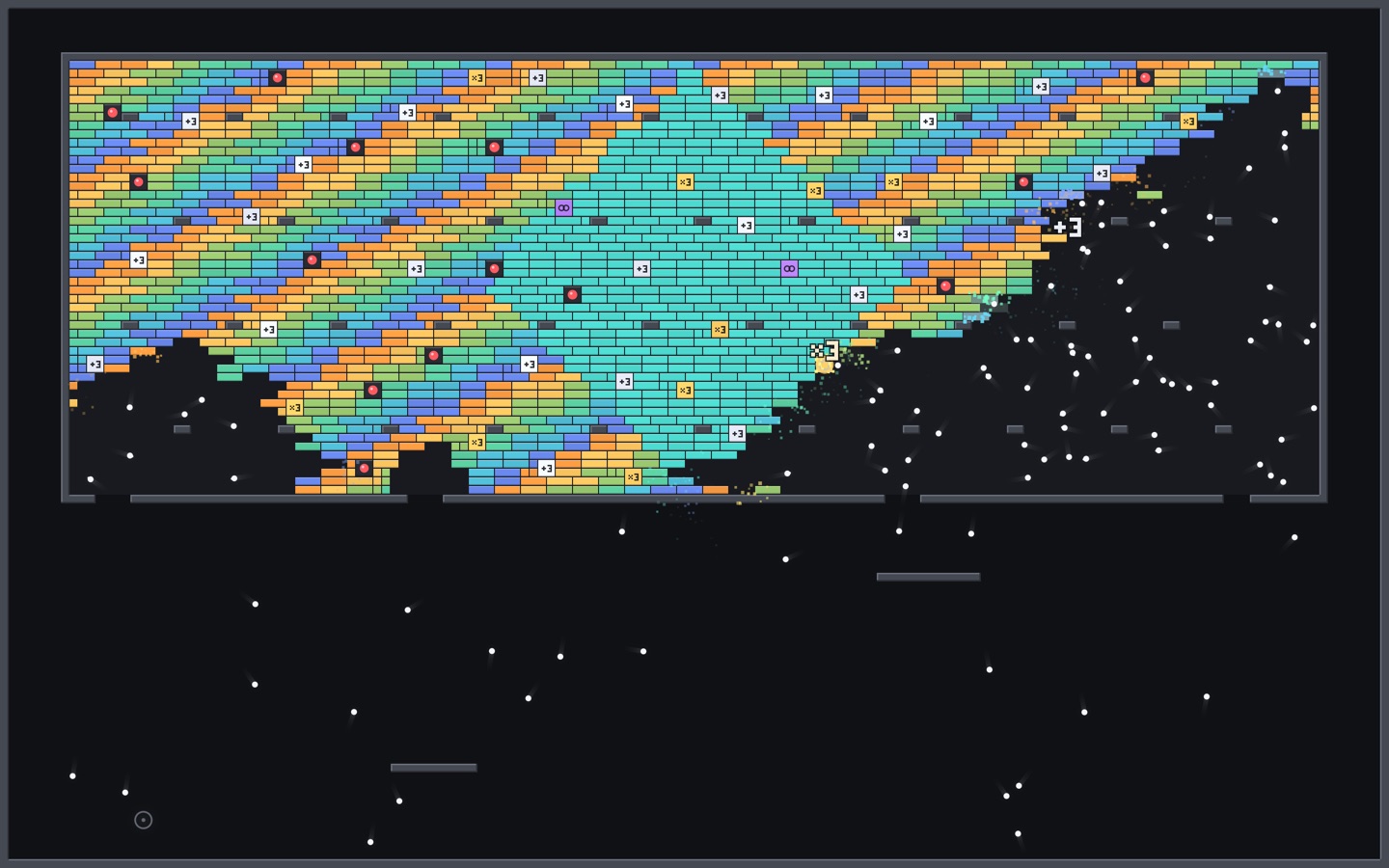The Cascade layout: one wide chamber of warm bricks with a blue diamond, cleared by a swarm of balls.